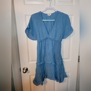 Umgee Medium Dress Blue Flowy Summer Feminine Boho Casual Pull Over Short Sleeve